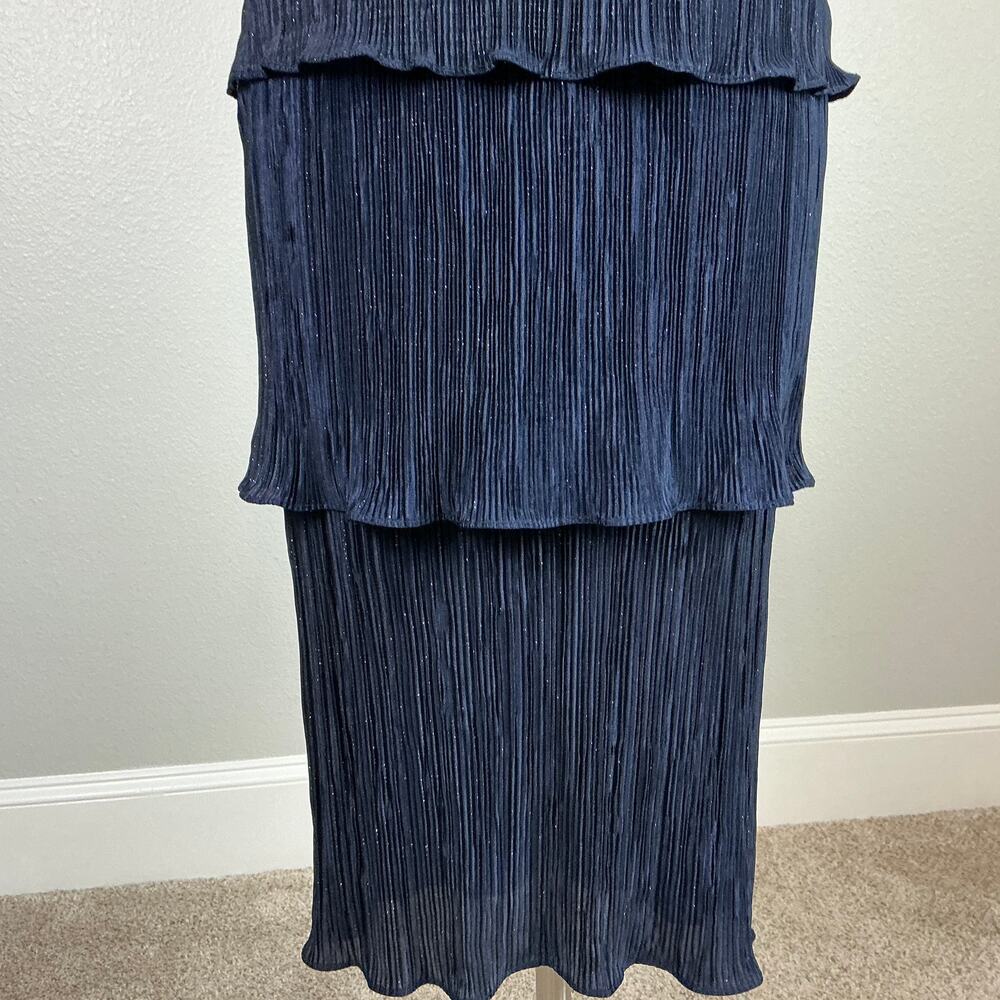 XSCAPE Pleated Sparkly Chiffon Midi Sheath Cocktail Dress Navy Blue Size 8 - Picture 9 of 13